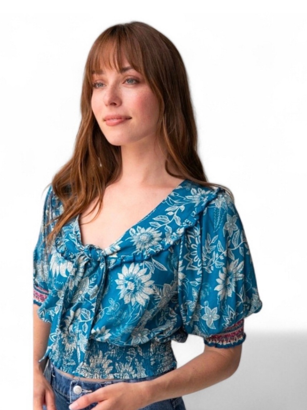 NATURAL LIFE Teal Floral Tie-Front Boho Blouse